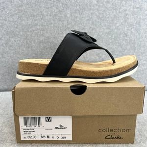 Clarks Brynn Style Leather Slide Toe-Post Sandal-Black-Flip Flop-Women 8.5 *NEW